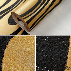 HANMERO Modern Minimalist Abstract Curves Glitter Non-woven 3D Wallpaper For Bedroom Living Room TV Backdrop ( Golden Yellow & Black )